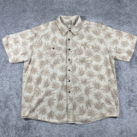 LL Bean Button Up Shirt Mens XXL Hawaiian Cotton Short Sleeve Leaves 2XL - Picture 2 of 12